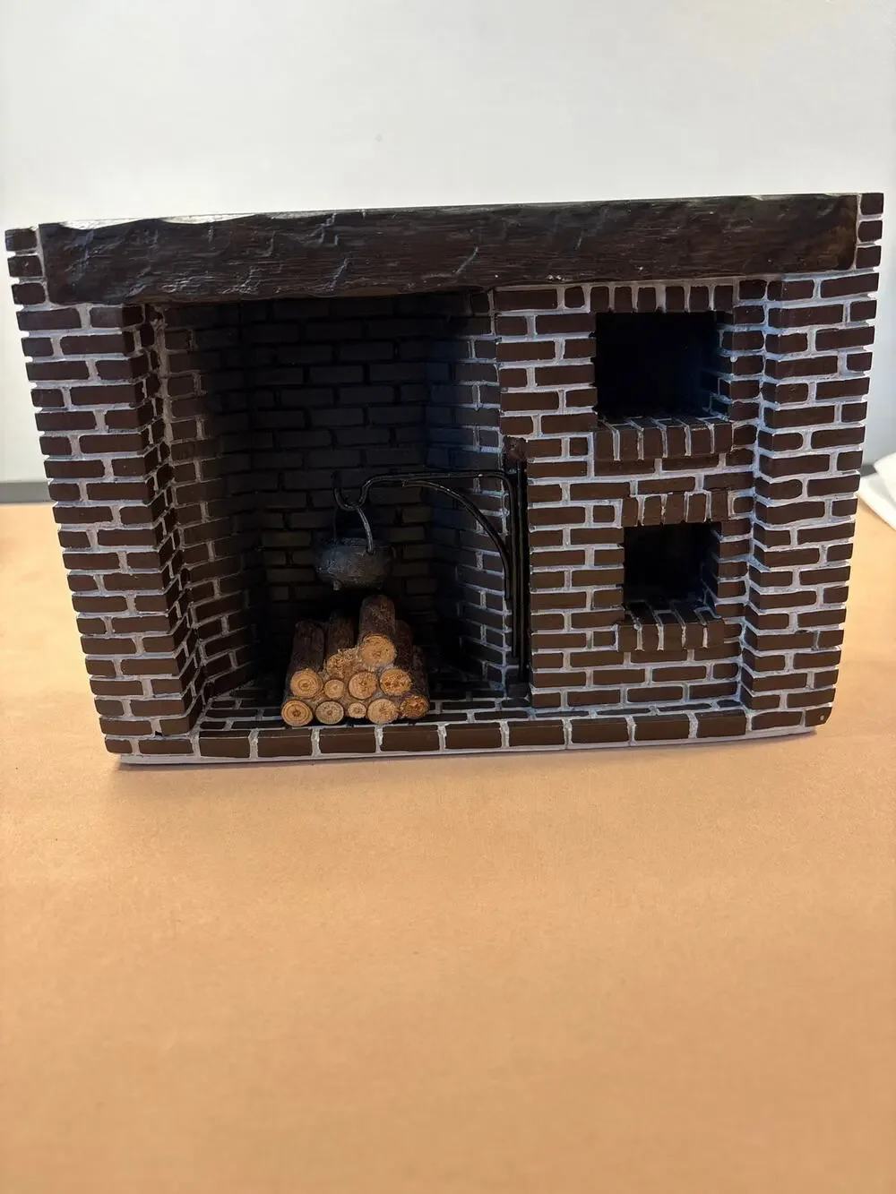 Miniature Dollhouse Resin Brick Hearth Cooking Fireplace Colonial Kettle Wood